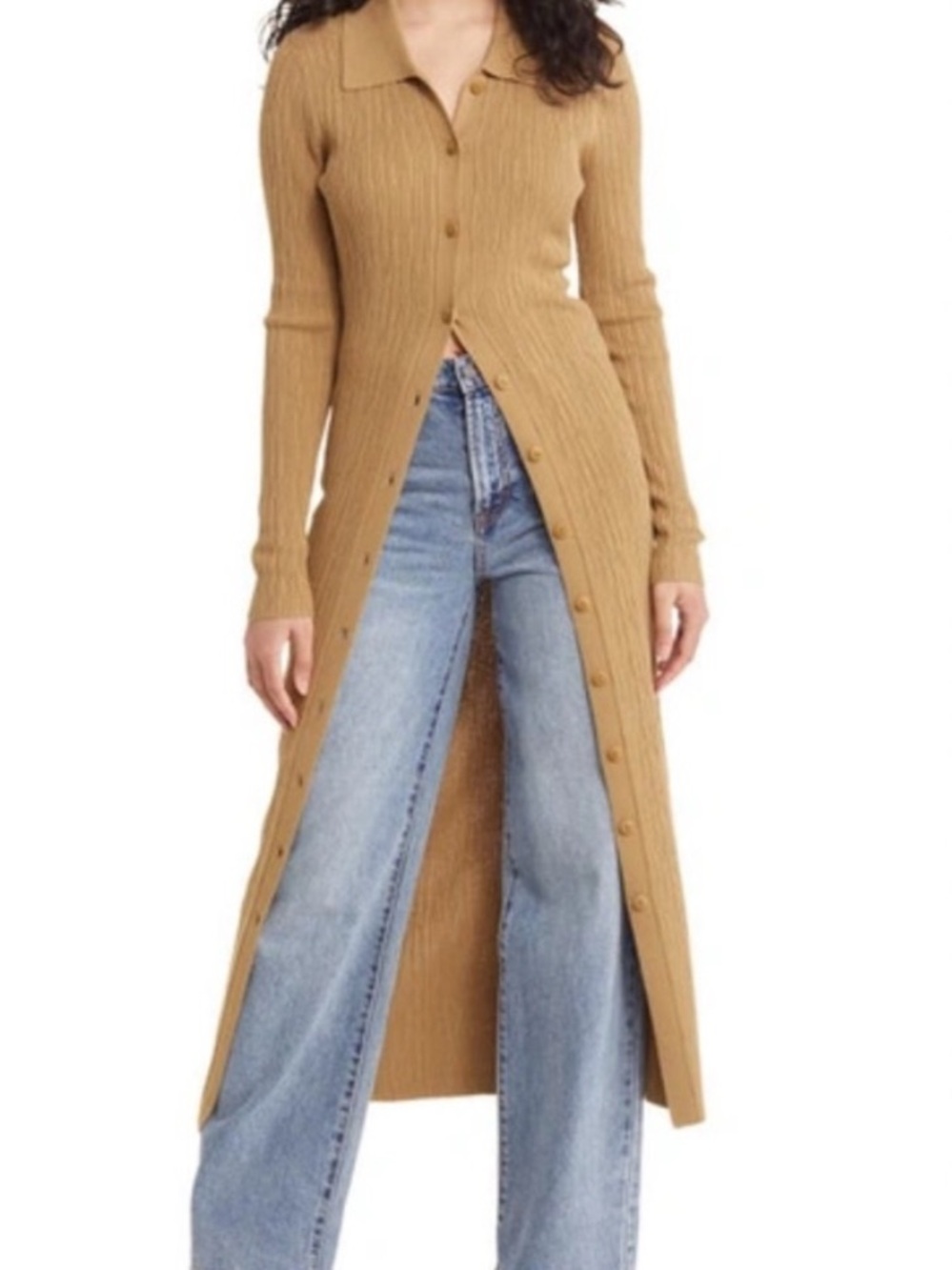 Open Edit Ribbed Long Button-Front Dress in Camel